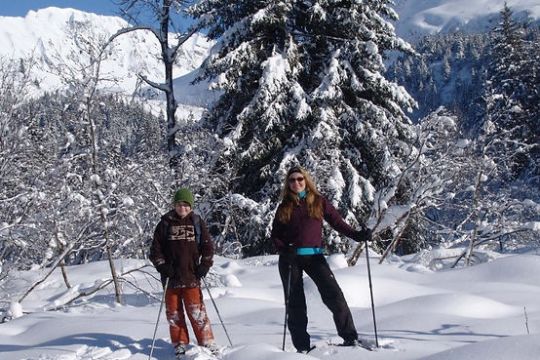 a group of people cross country skiing in the snow
