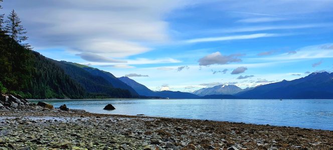 a rocky beach next to a body of water