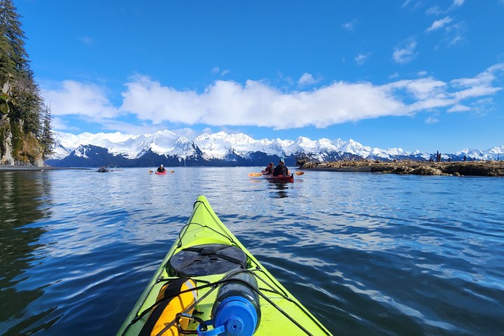 Three kayaks on a calm bay with snowy mountains and clear blue sky.