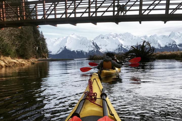 a train crossing a bridge over a body of water