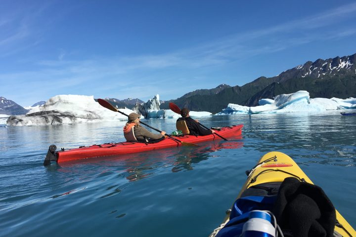 a group of people riding skis on a body of water
