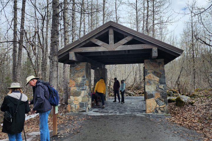 a group of people standing in the snow