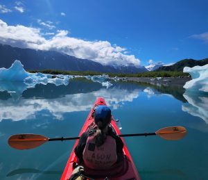 a body of water with a mountain in the background