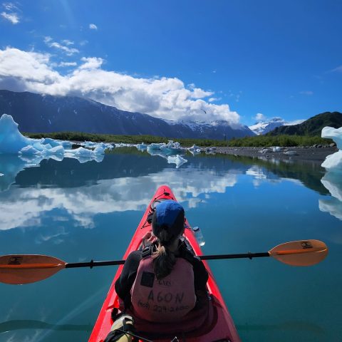 a body of water with a mountain in the background